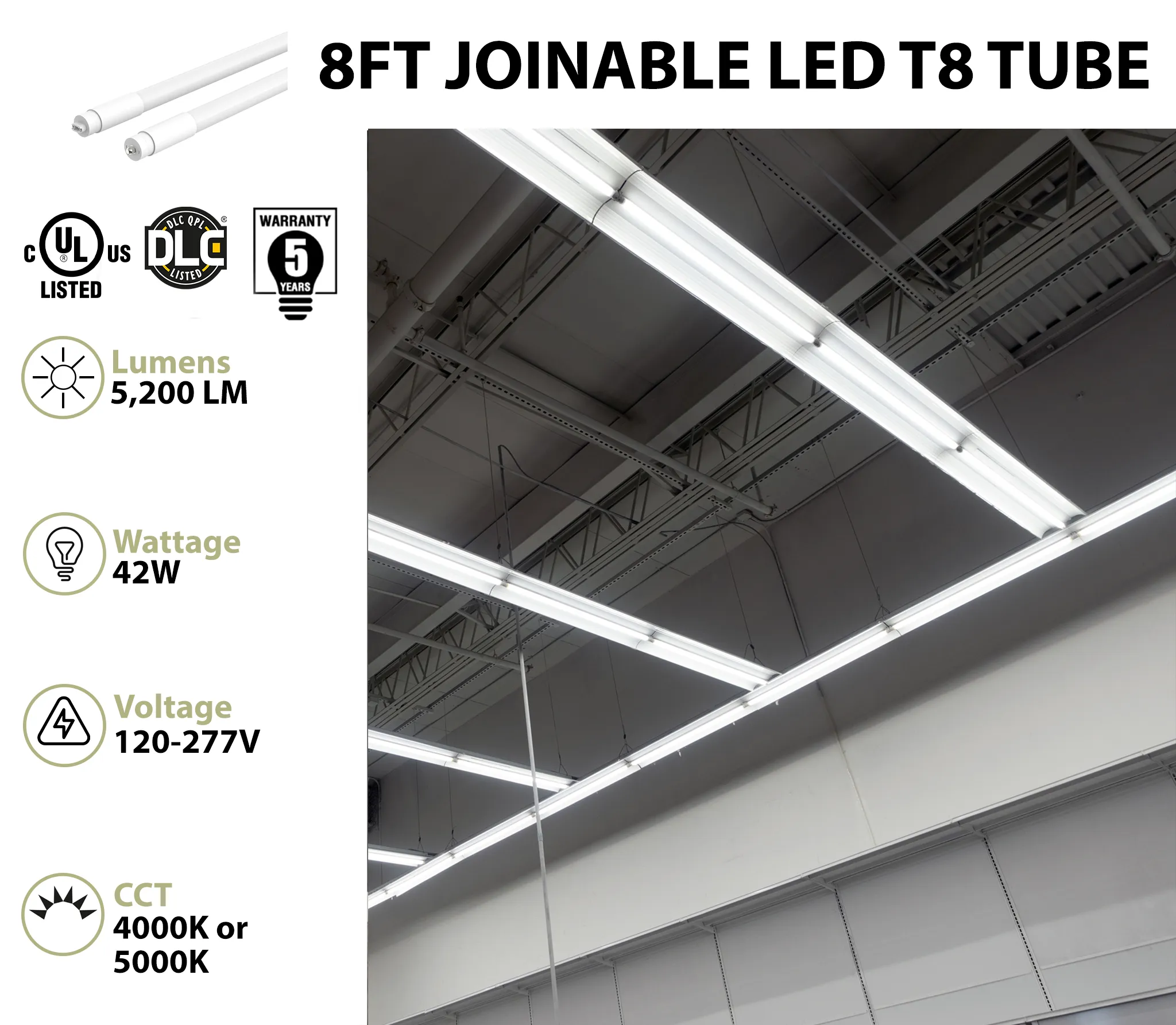 10PK 8FT Joinable LED T8 Tube Light, Type A B, Double End Power, 5200 Lumens, 42W, 4000K or 5000K, 120-277V