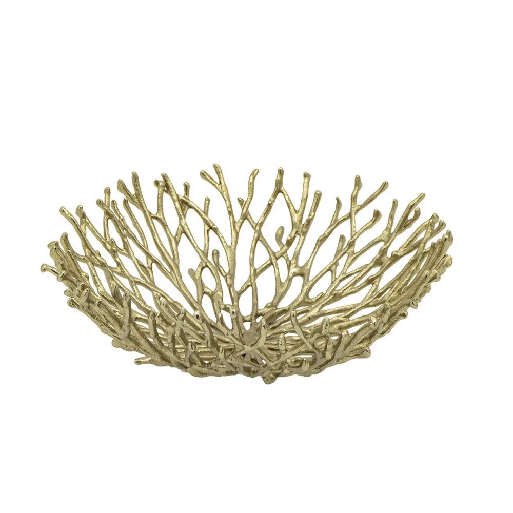 14 Inch Decorative Bowl, Aluminum, Tree Branch Design, Gold