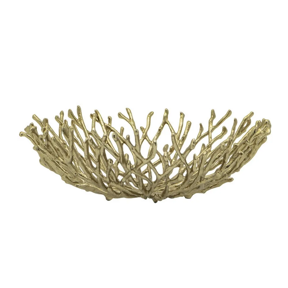 14 Inch Decorative Bowl, Aluminum, Tree Branch Design, Gold