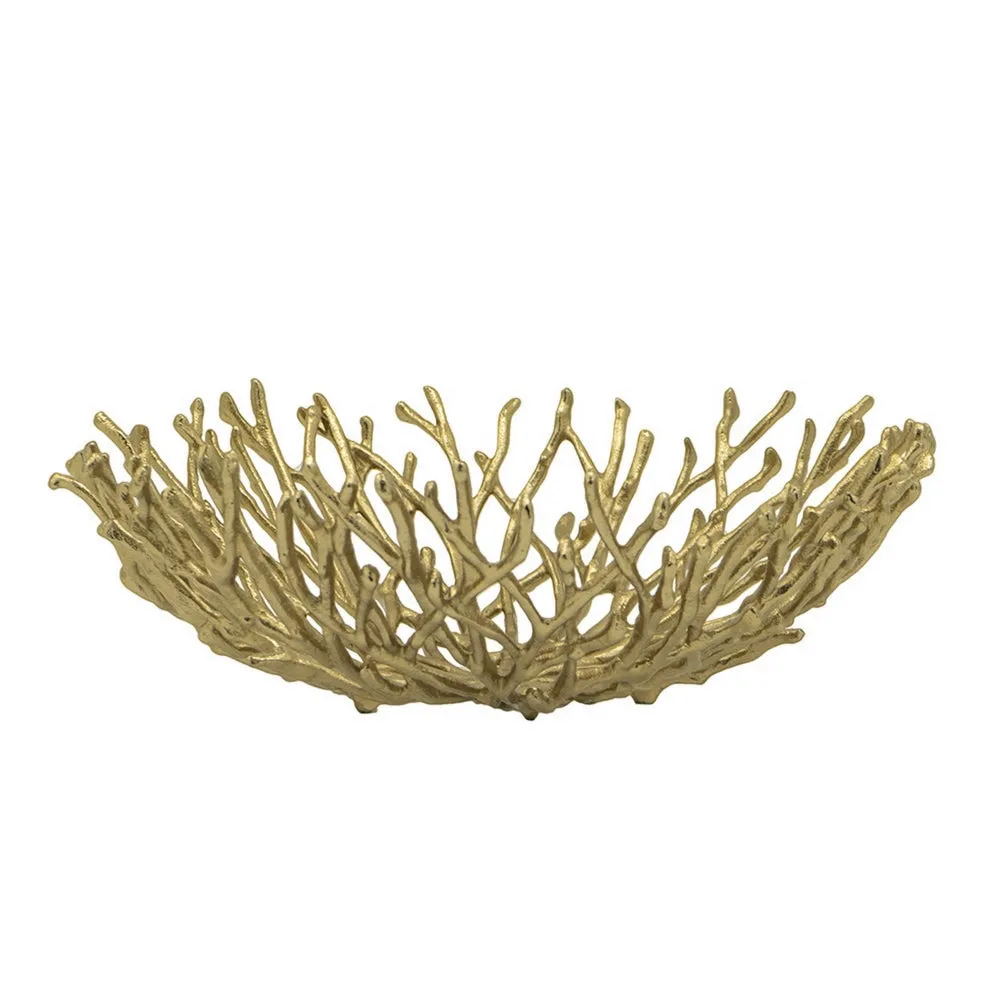 14 Inch Decorative Bowl, Aluminum, Tree Branch Design, Gold