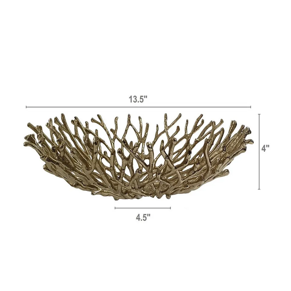 14 Inch Decorative Bowl, Aluminum, Tree Branch Design, Gold