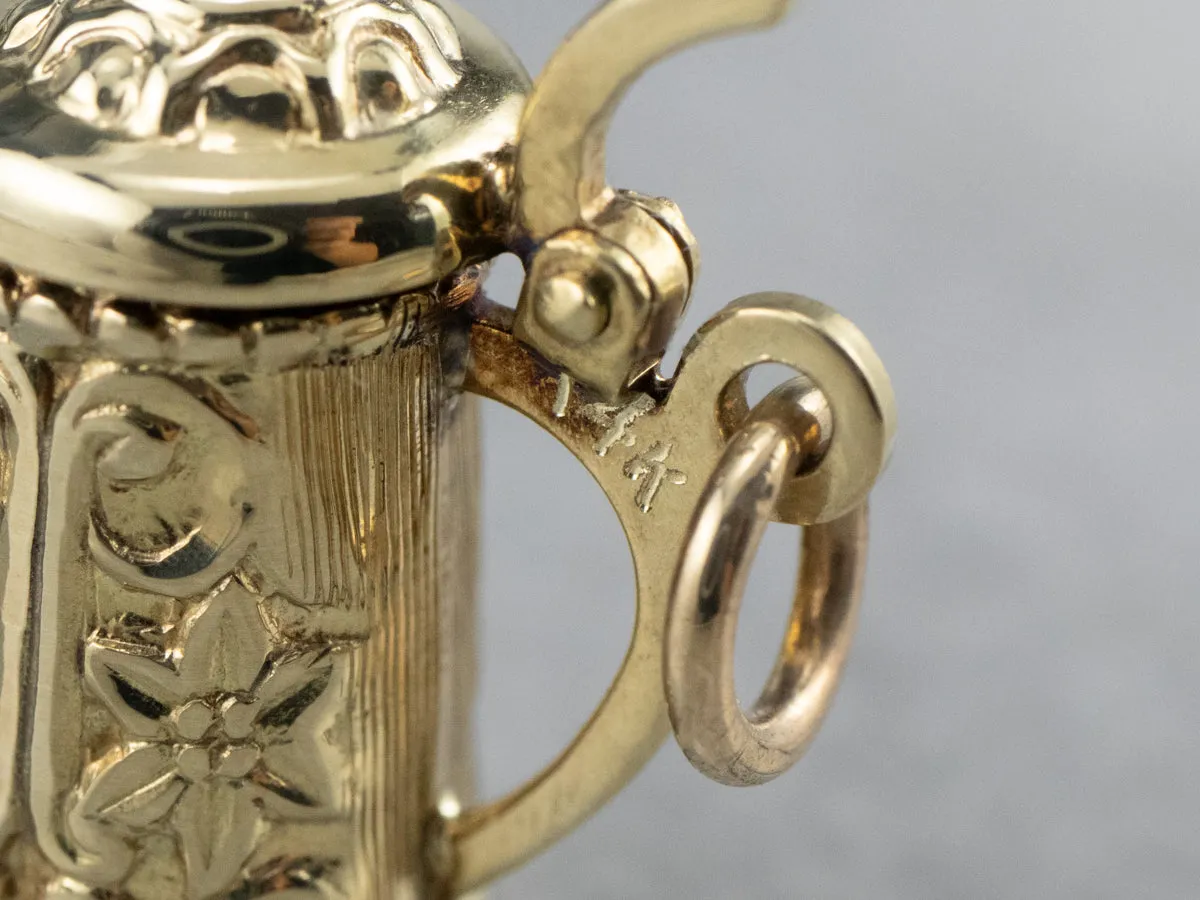 14K Gold Beer Stein Charm with Hinged Lid