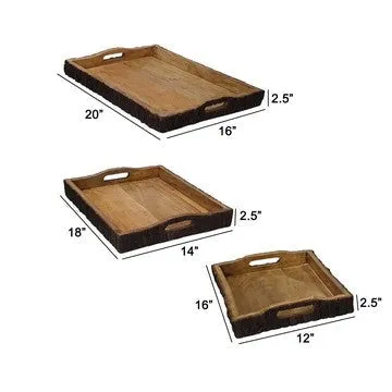 20, 18, 16 Inch Set of 3 Wood Serving Trays, Tree Bark Accent, Natural Brown By Casagear Home