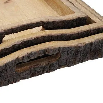 20, 18, 16 Inch Set of 3 Wood Serving Trays, Tree Bark Accent, Natural Brown By Casagear Home