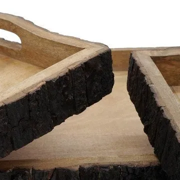 20, 18, 16 Inch Set of 3 Wood Serving Trays, Tree Bark Accent, Natural Brown By Casagear Home