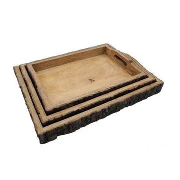 20, 18, 16 Inch Set of 3 Wood Serving Trays, Tree Bark Accent, Natural Brown By Casagear Home
