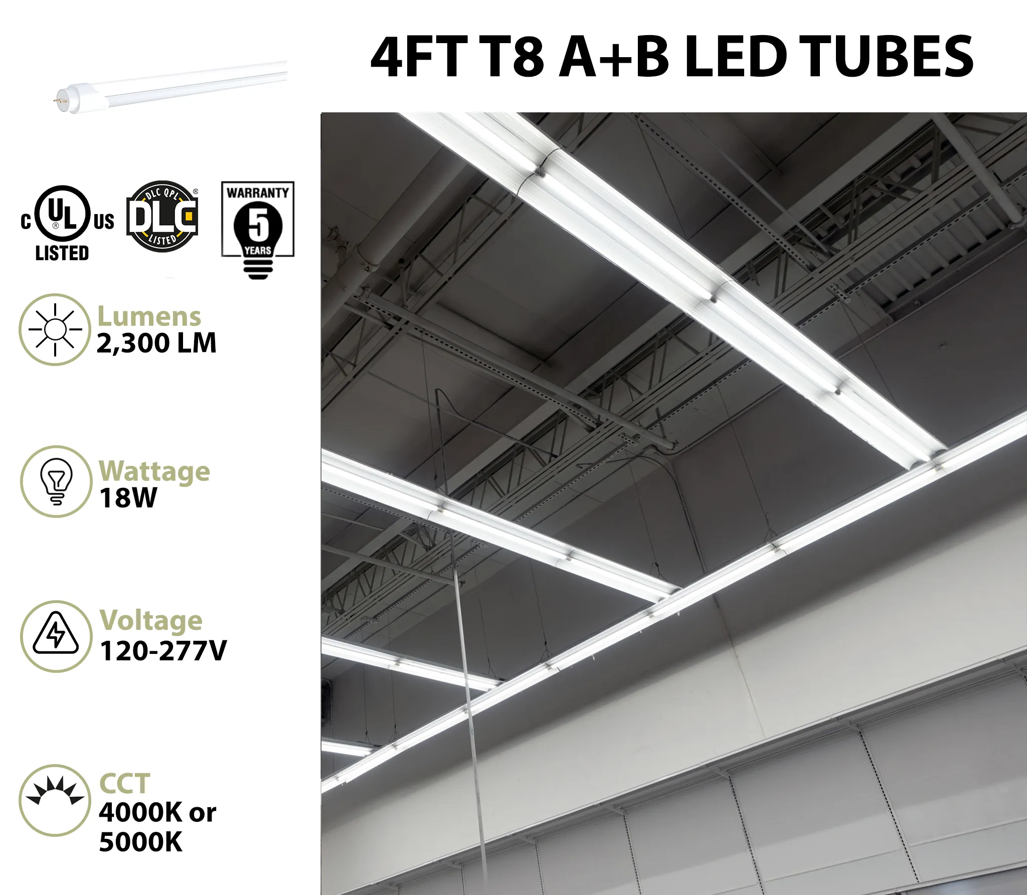 25PK 4FT LED T8 Tube Light, Type A B Double End or Single End Power, 2300 Lumens, 18W, 4000K or 5000K, 120-277V