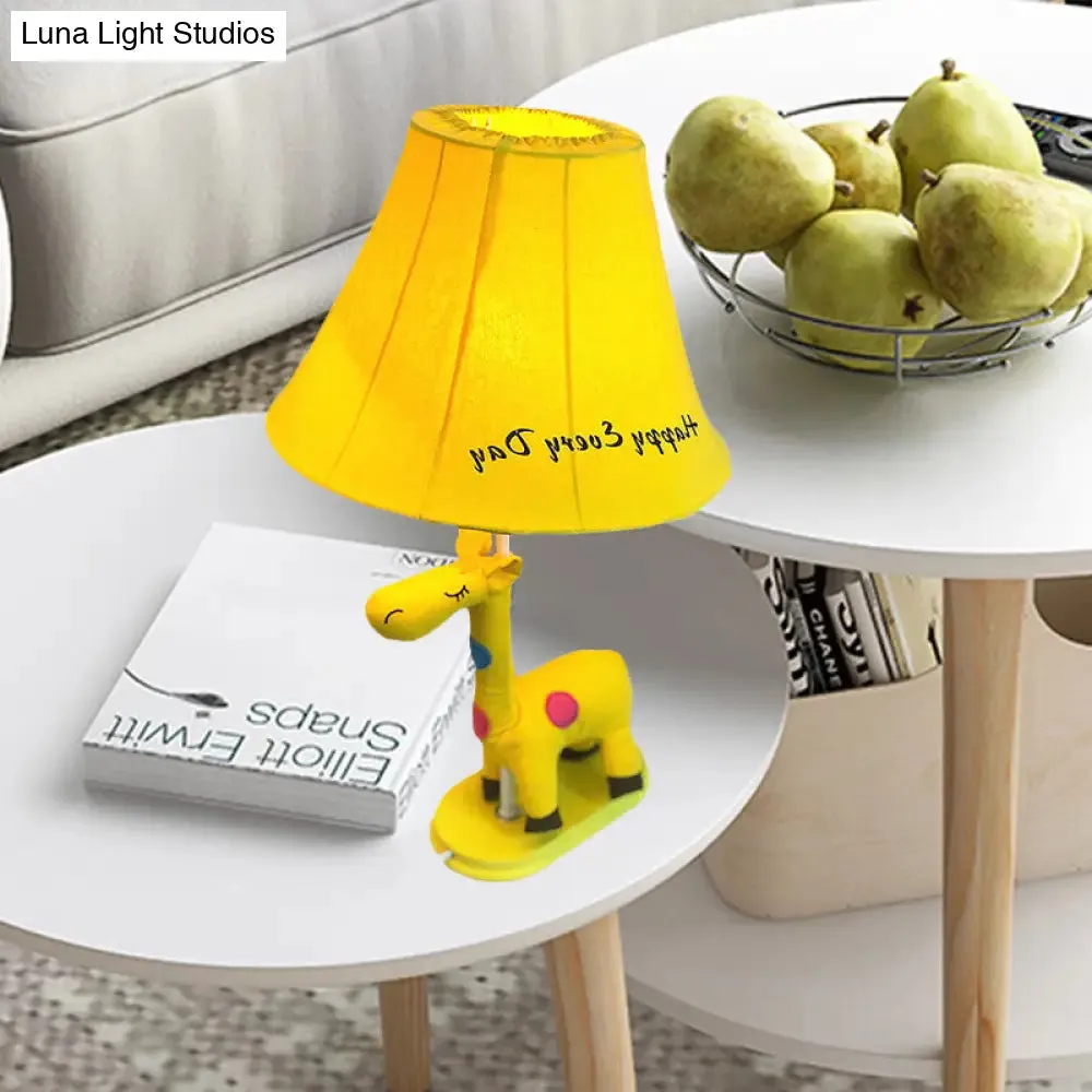 Addison - Giraffe Flared Script-Print Fabric Table Lighting Kids Single-Bulb Yellow/Blue/Pink Night Lamp with Giraffe Base