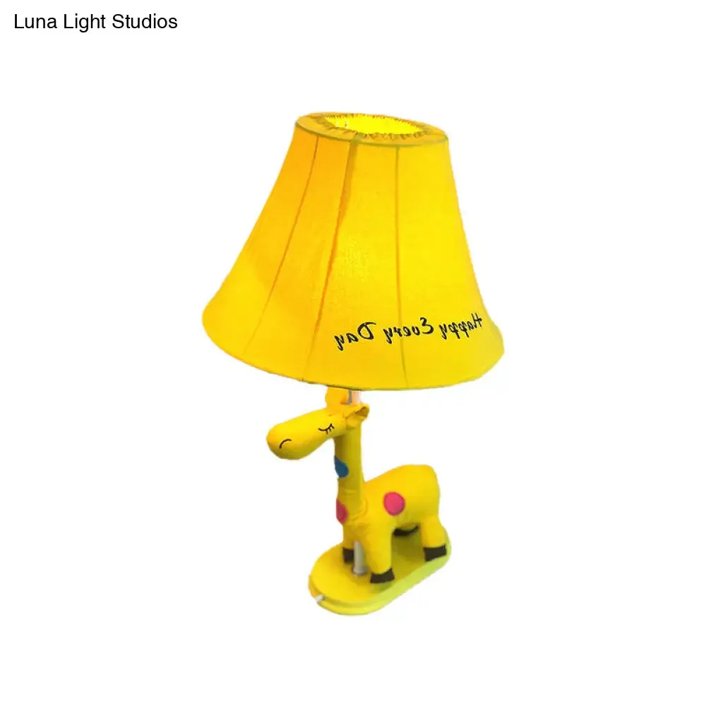 Addison - Giraffe Flared Script-Print Fabric Table Lighting Kids Single-Bulb Yellow/Blue/Pink Night Lamp with Giraffe Base