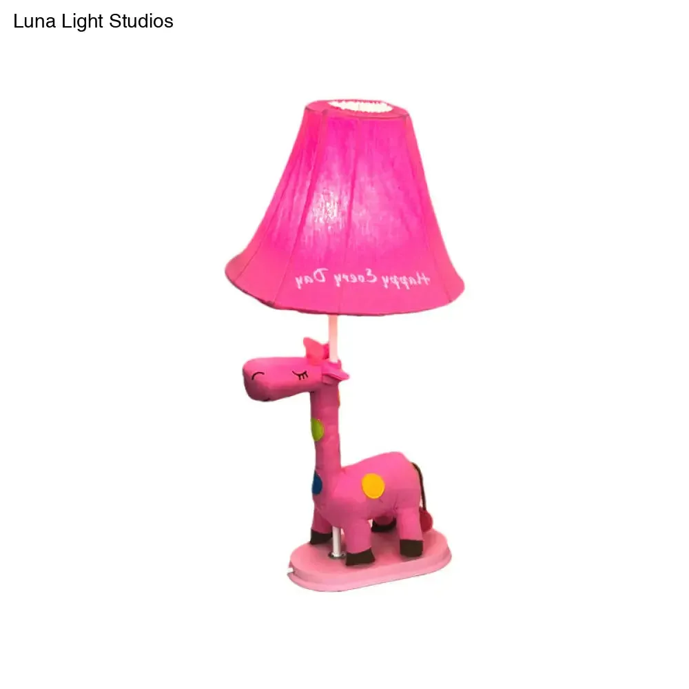 Addison - Giraffe Flared Script-Print Fabric Table Lighting Kids Single-Bulb Yellow/Blue/Pink Night Lamp with Giraffe Base