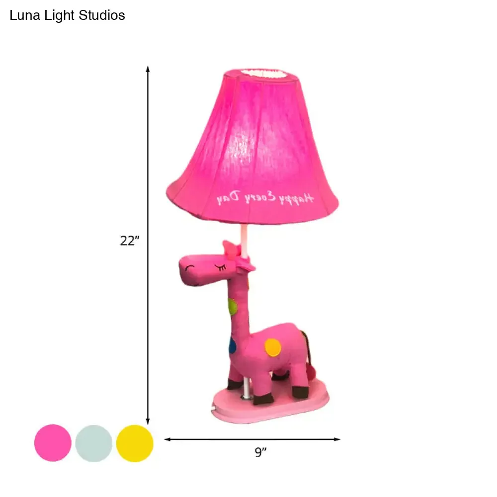 Addison - Giraffe Flared Script-Print Fabric Table Lighting Kids Single-Bulb Yellow/Blue/Pink Night Lamp with Giraffe Base