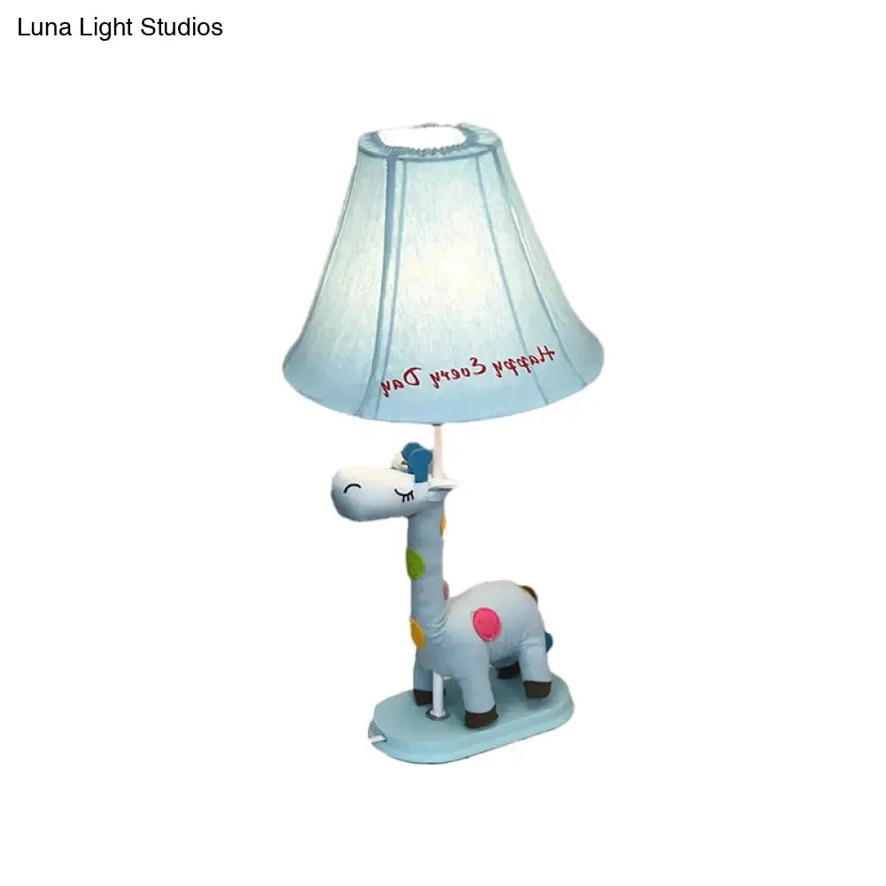 Addison - Giraffe Flared Script-Print Fabric Table Lighting Kids Single-Bulb Yellow/Blue/Pink Night Lamp with Giraffe Base