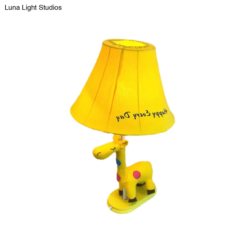 Addison - Giraffe Flared Script-Print Fabric Table Lighting Kids Single-Bulb Yellow/Blue/Pink Night Lamp with Giraffe Base
