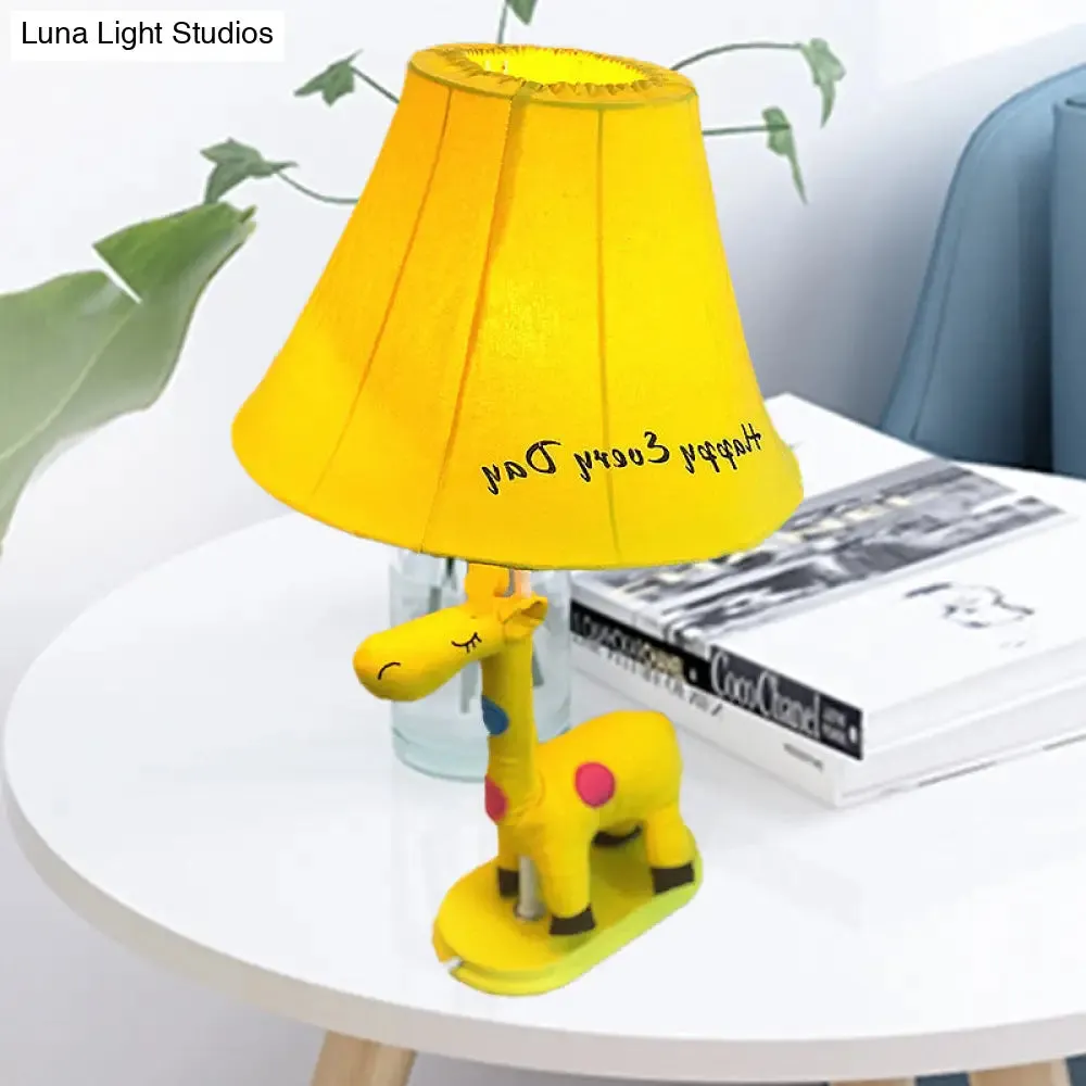 Addison - Giraffe Flared Script-Print Fabric Table Lighting Kids Single-Bulb Yellow/Blue/Pink Night Lamp with Giraffe Base
