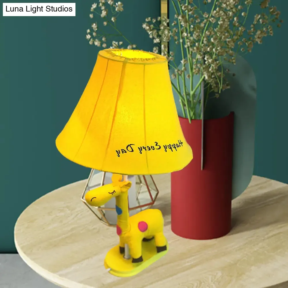 Addison - Giraffe Flared Script-Print Fabric Table Lighting Kids Single-Bulb Yellow/Blue/Pink Night Lamp with Giraffe Base