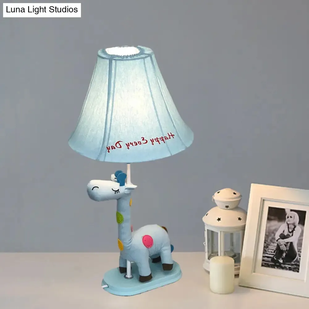 Addison - Giraffe Flared Script-Print Fabric Table Lighting Kids Single-Bulb Yellow/Blue/Pink Night Lamp with Giraffe Base