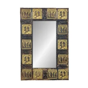 Art'eque - Antique Teakwood Frame with Brass Motif - Krishna Playing Flute Mirror Frame, Vintage Style, Multicolor, L 61 x W 3 x H 91 cm