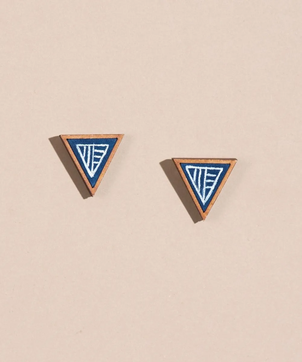 Blue two look in one upcycled fabric repurposed wood triangle earring