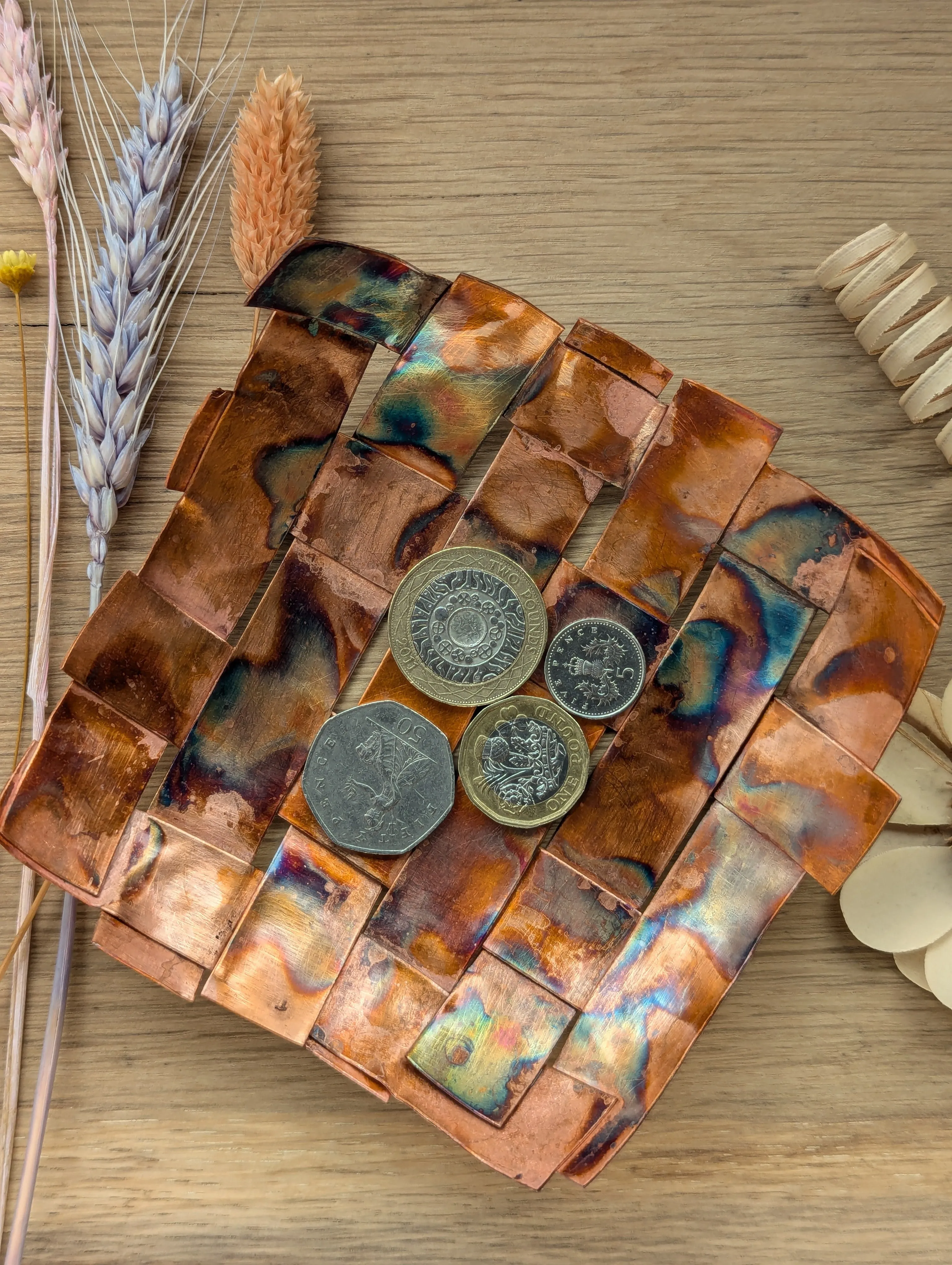 Copper woven dish for trinkets, modern rustic charm