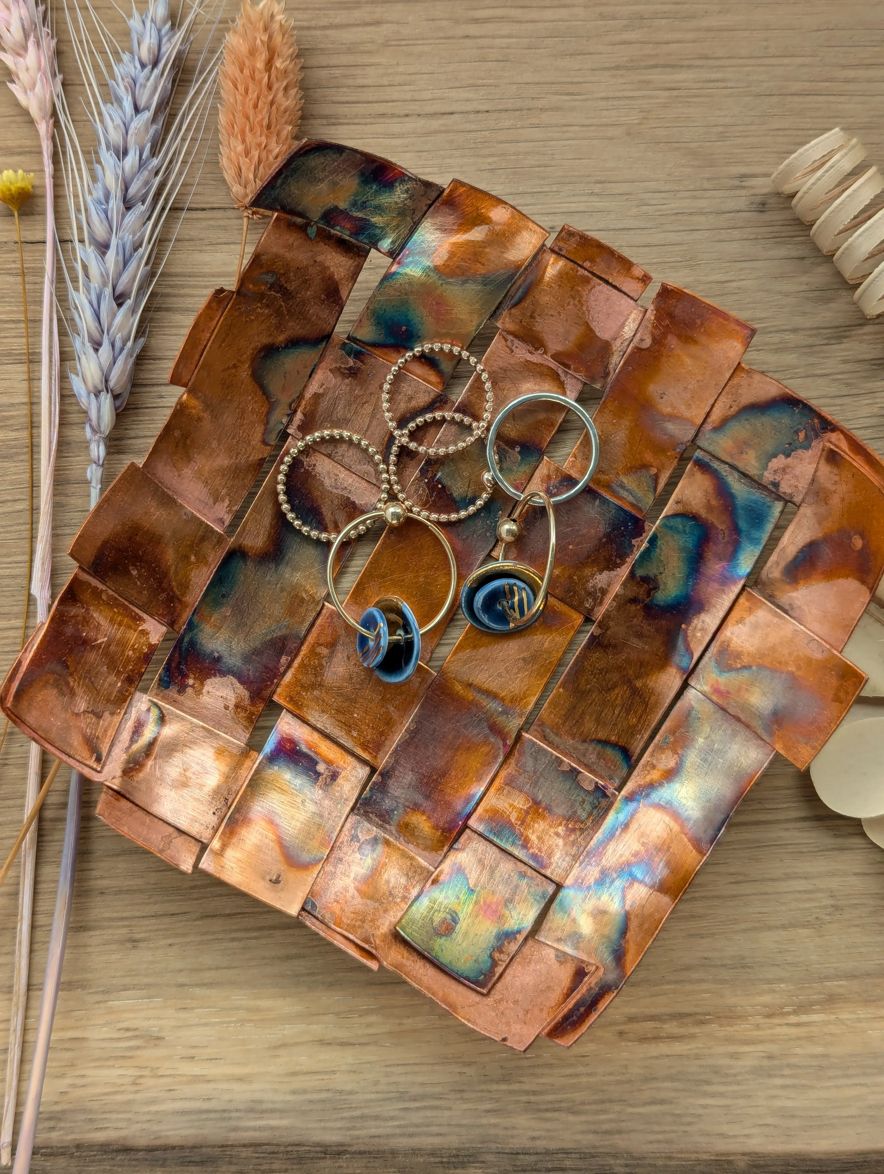 Copper woven dish for trinkets, modern rustic charm
