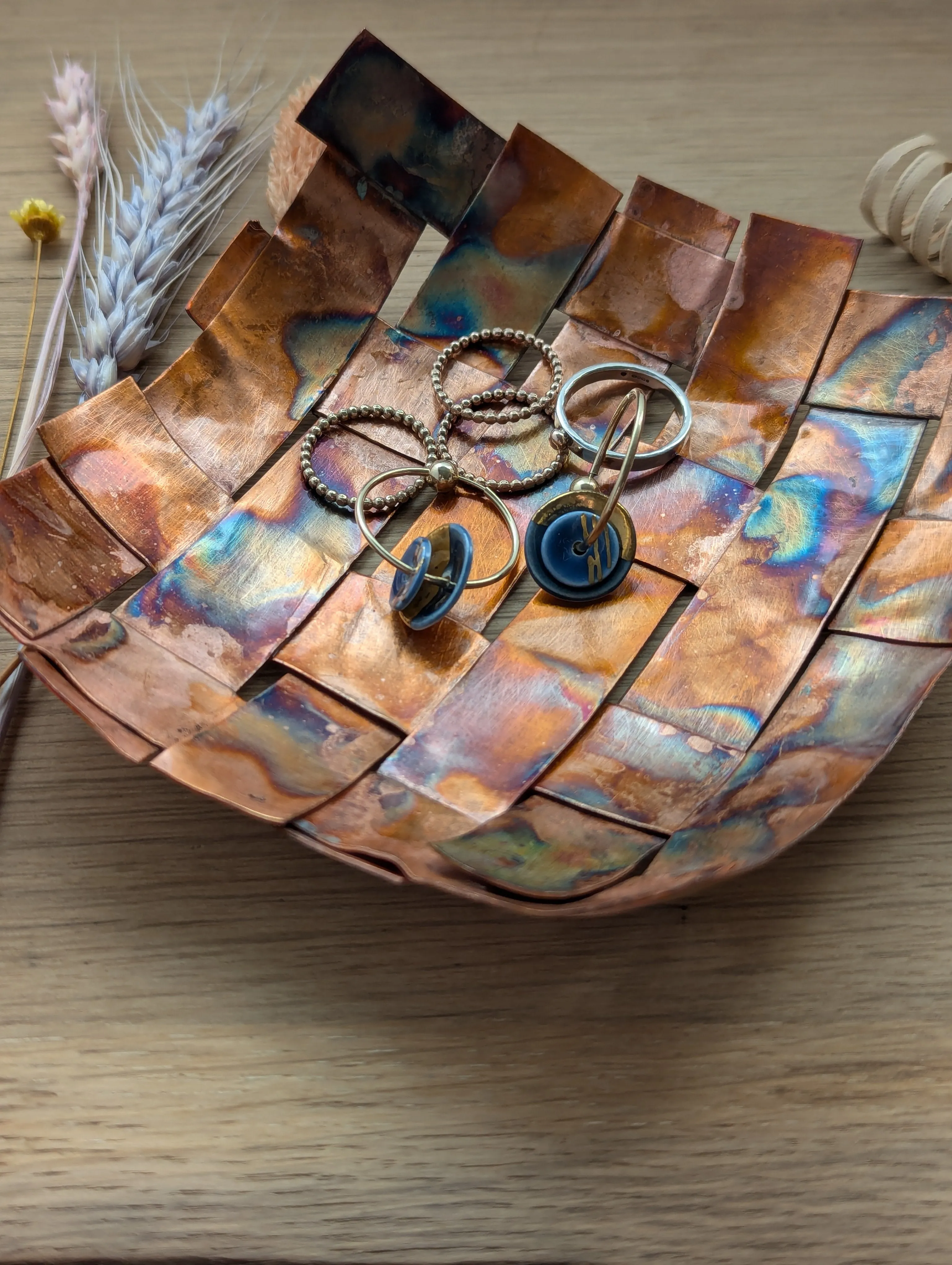 Copper woven dish for trinkets, modern rustic charm