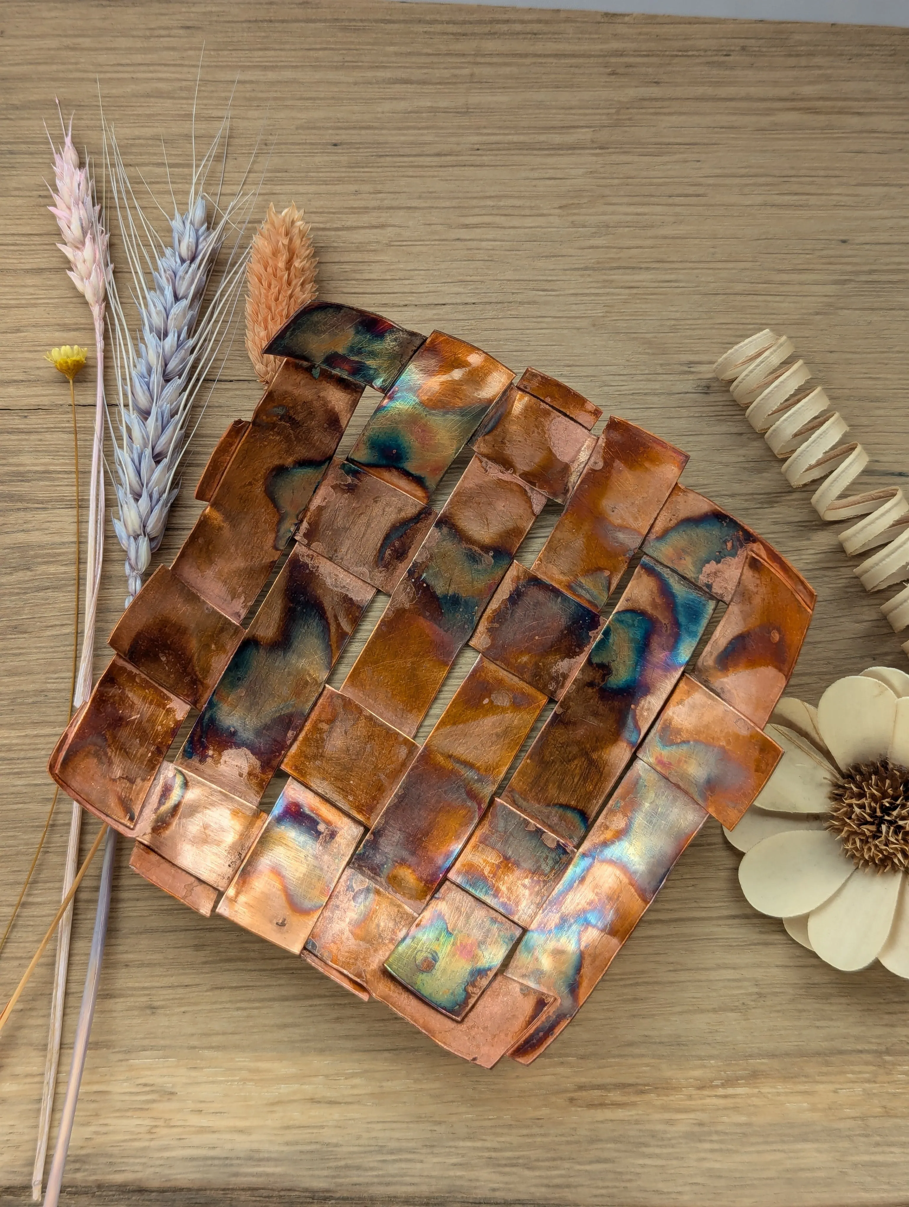 Copper woven dish for trinkets, modern rustic charm