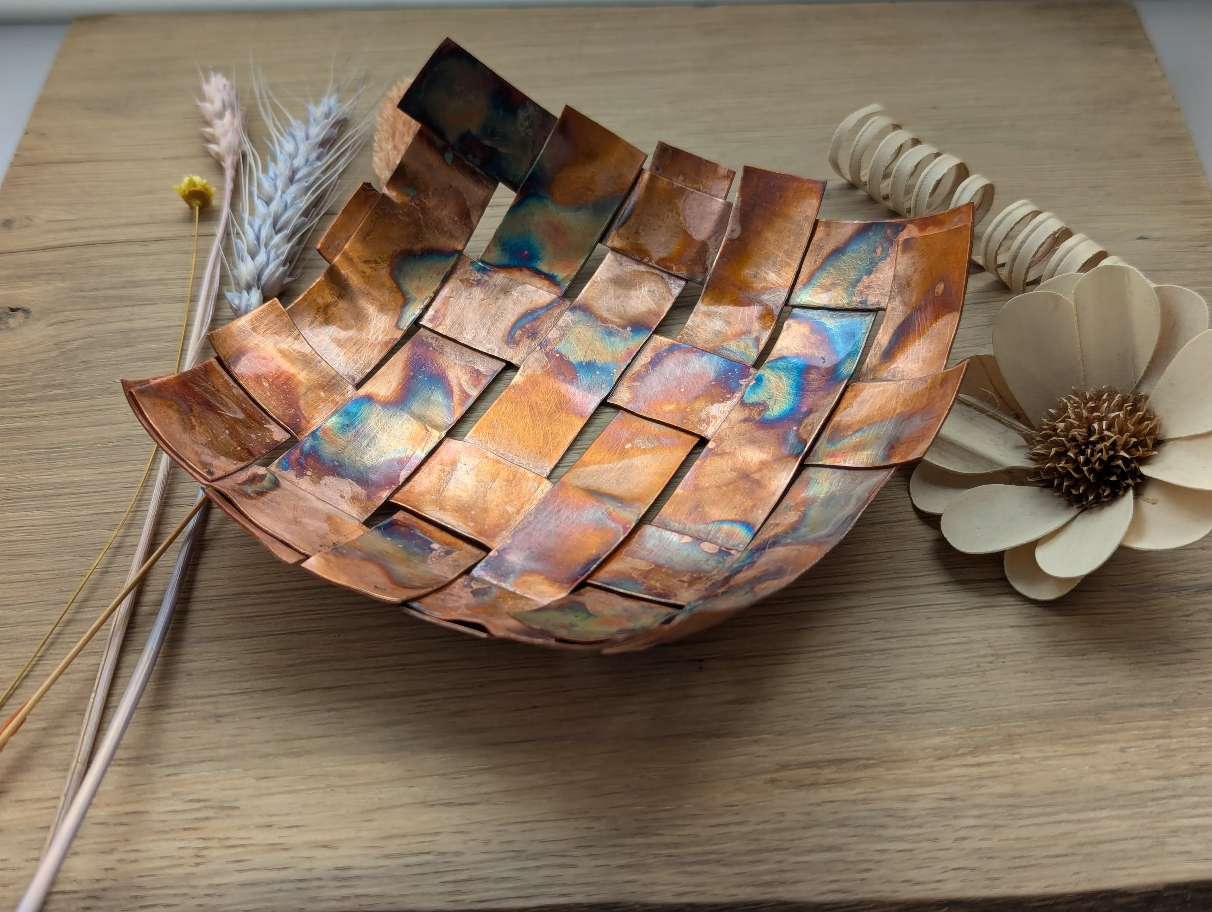 Copper woven dish for trinkets, modern rustic charm