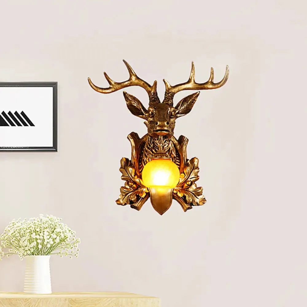 Dome Amber Glass Sconce Wall Lamp with Deer Head Backplate - Rural Lighting for Sitting Room - 12"/19.5" Wide