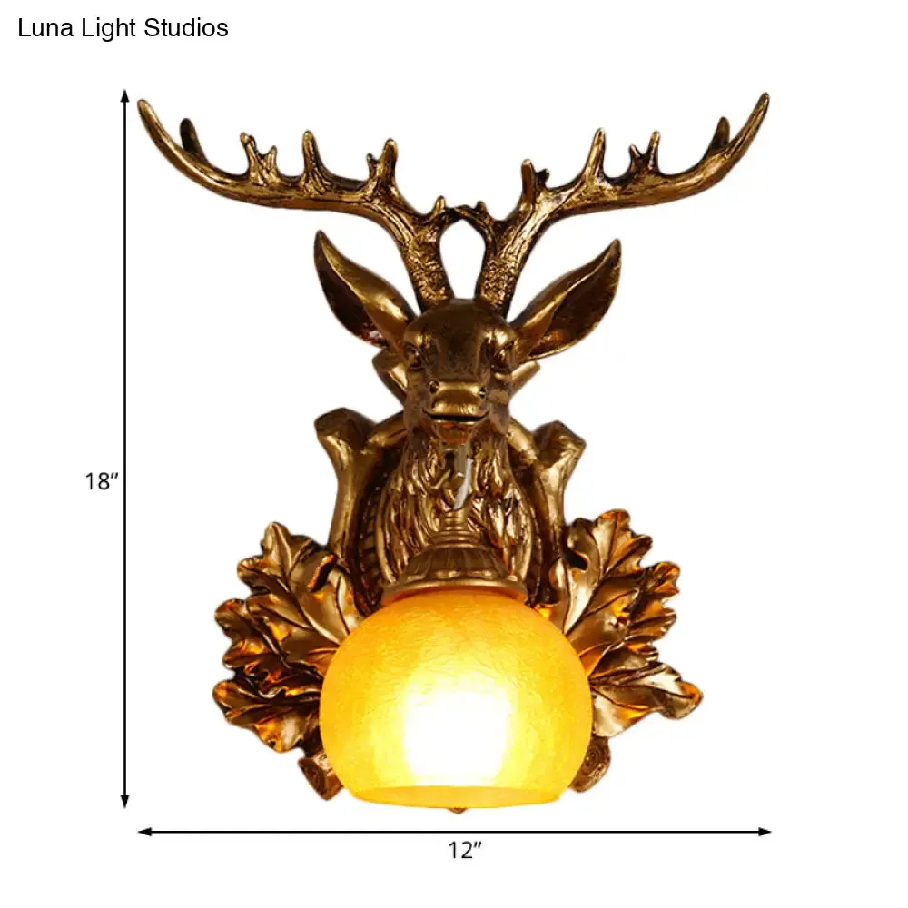 Dome Amber Glass Sconce Wall Lamp with Deer Head Backplate - Rural Lighting for Sitting Room - 12"/19.5" Wide