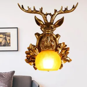 Dome Amber Glass Sconce Wall Lamp with Deer Head Backplate - Rural Lighting for Sitting Room - 12"/19.5" Wide
