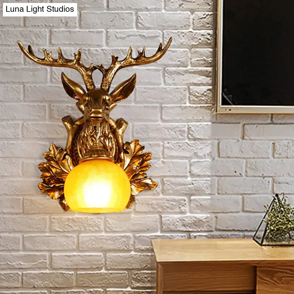 Dome Amber Glass Sconce Wall Lamp with Deer Head Backplate - Rural Lighting for Sitting Room - 12"/19.5" Wide