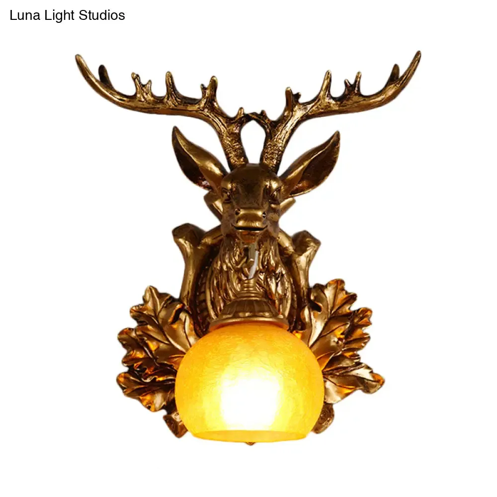 Dome Amber Glass Sconce Wall Lamp with Deer Head Backplate - Rural Lighting for Sitting Room - 12"/19.5" Wide