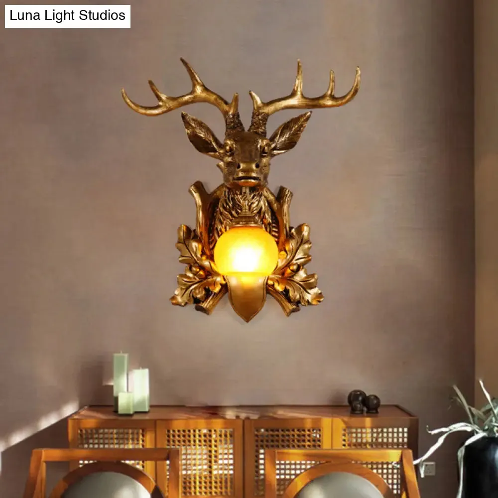Dome Amber Glass Sconce Wall Lamp with Deer Head Backplate - Rural Lighting for Sitting Room - 12"/19.5" Wide