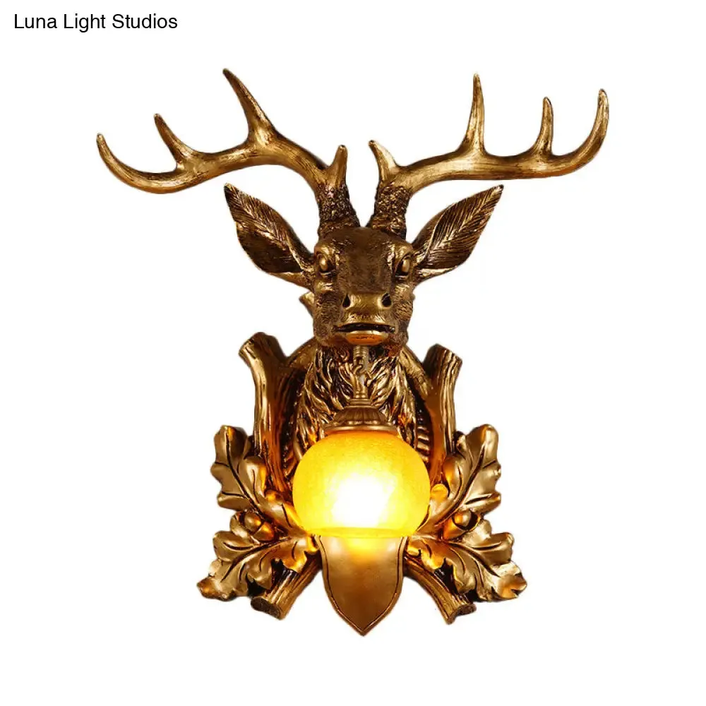 Dome Amber Glass Sconce Wall Lamp with Deer Head Backplate - Rural Lighting for Sitting Room - 12"/19.5" Wide
