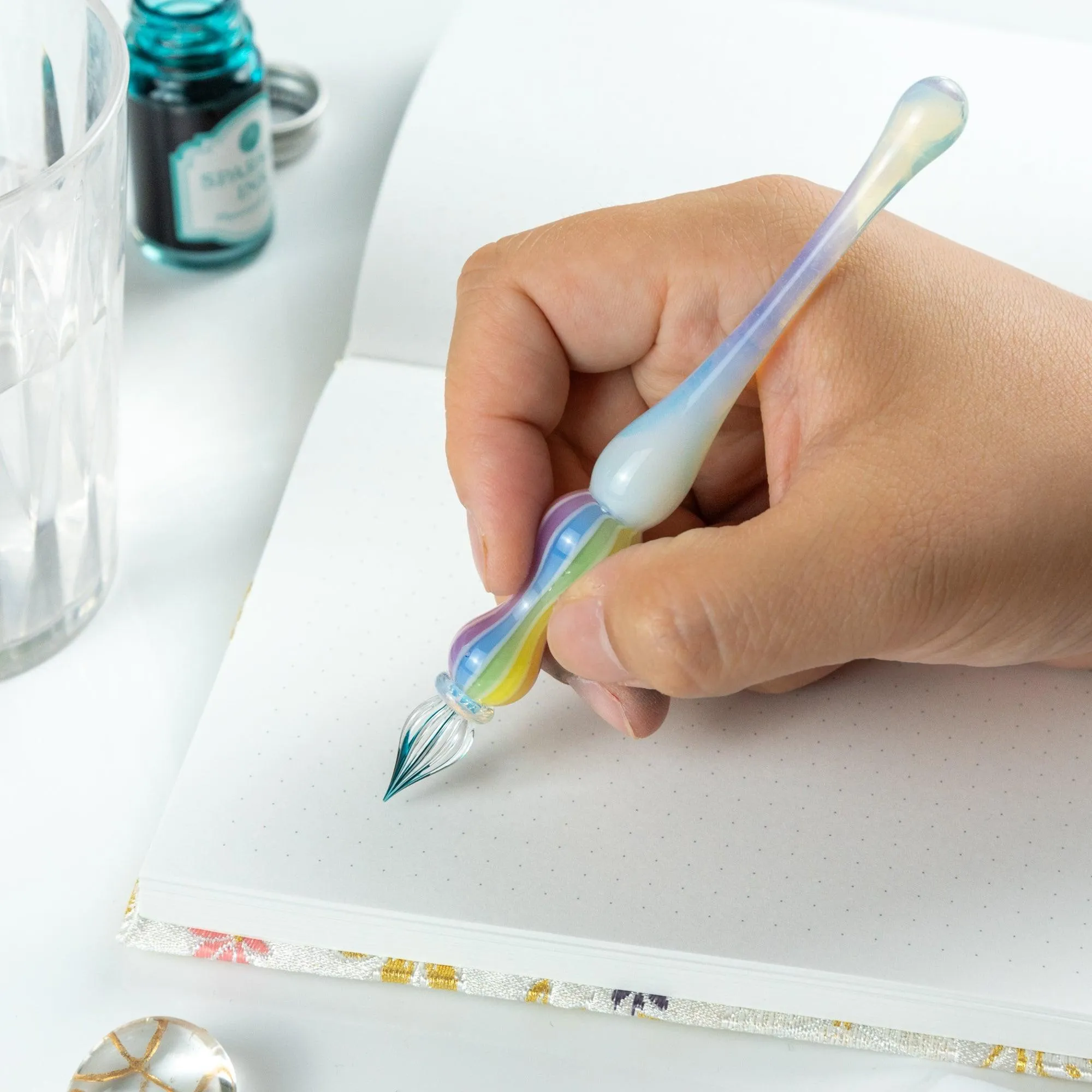 Dreamy Rainbow Balloon Glass Dip Pen | White