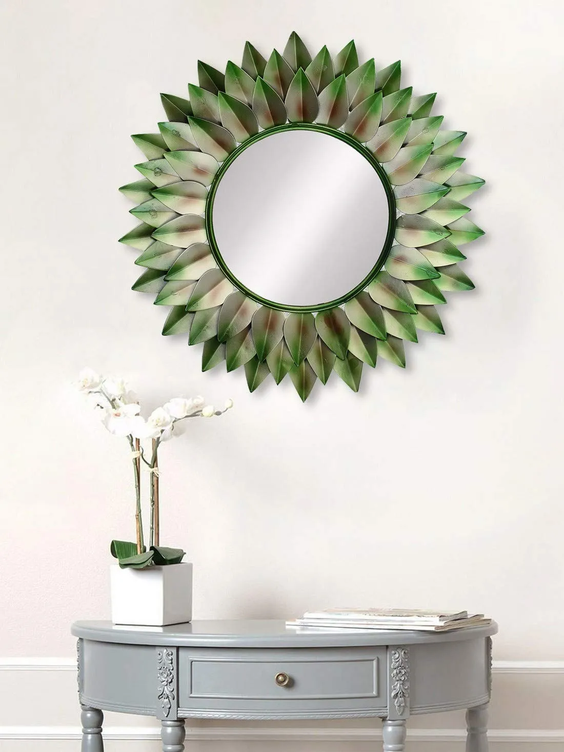 eCraftIndia Green, Brown and Black Decorative Metal Handcarved Wall Mirror