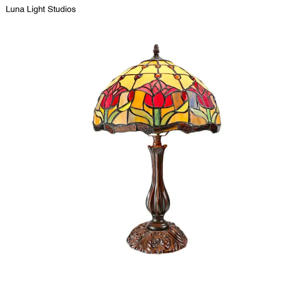 Eleonora - Tiffany Dome Shade Cut Glass Nightstand Light Tiffany 1 Light Bronze Night Table Lamp with Flower Pattern