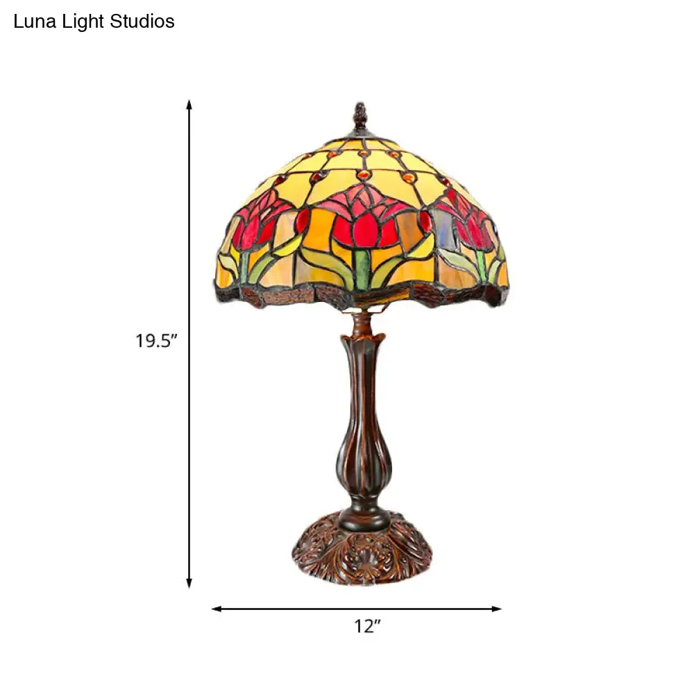 Eleonora - Tiffany Dome Shade Cut Glass Nightstand Light Tiffany 1 Light Bronze Night Table Lamp with Flower Pattern