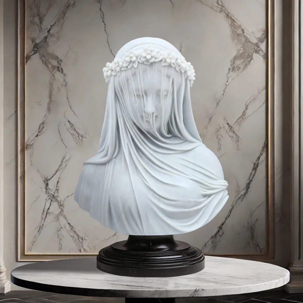 FINEST Hand Carved Marble Statue Veiled Maiden Bust Sculpture FM-040