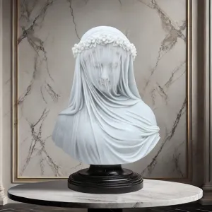 FINEST Hand Carved Marble Statue Veiled Maiden Bust Sculpture FM-040