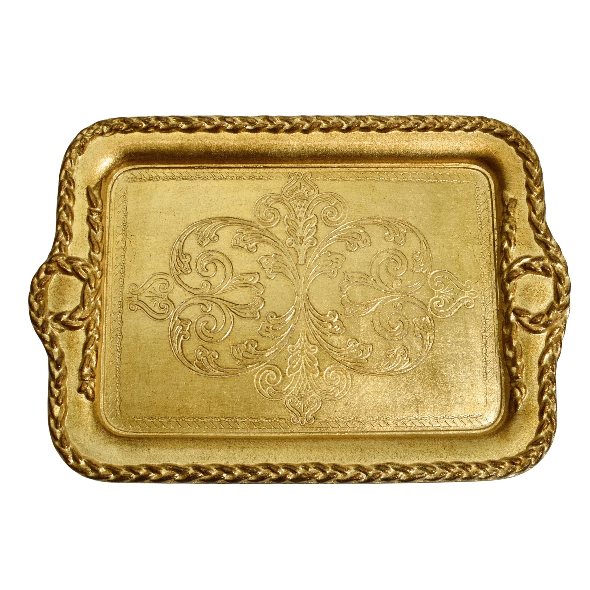 Florentine Carved Wood Tray, Gilded, Gold Rectangle, Made in Italy
