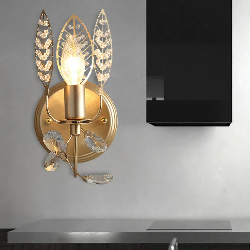 Gold Leaf Metal Wall Sconce with Crystal Bead for Bedside - 1 Head Tradition Flush Mount Light