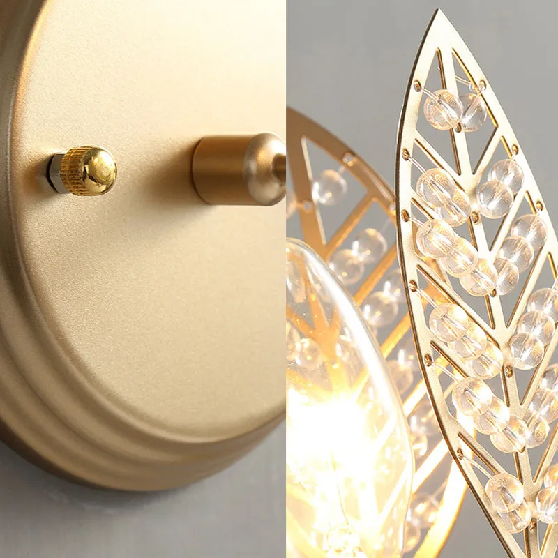 Gold Leaf Metal Wall Sconce with Crystal Bead for Bedside - 1 Head Tradition Flush Mount Light