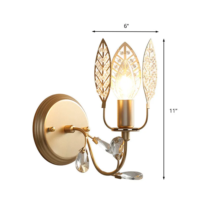 Gold Leaf Metal Wall Sconce with Crystal Bead for Bedside - 1 Head Tradition Flush Mount Light