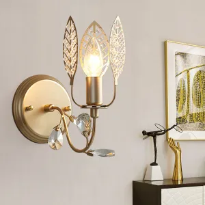 Gold Leaf Metal Wall Sconce with Crystal Bead for Bedside - 1 Head Tradition Flush Mount Light