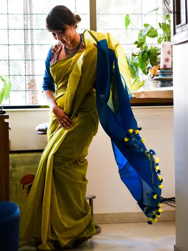 Green & Blue Cotton Silk Saree