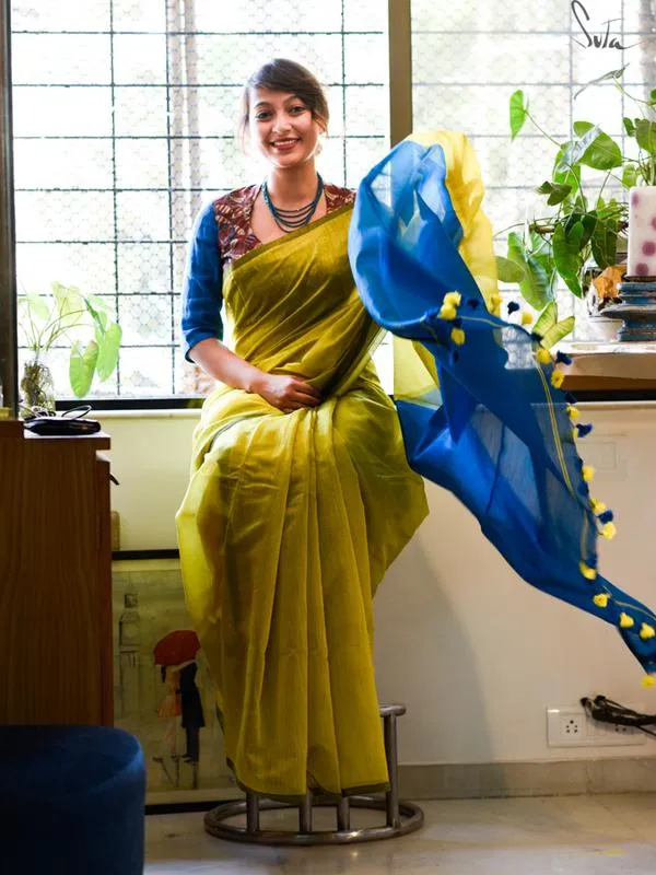 Green & Blue Cotton Silk Saree