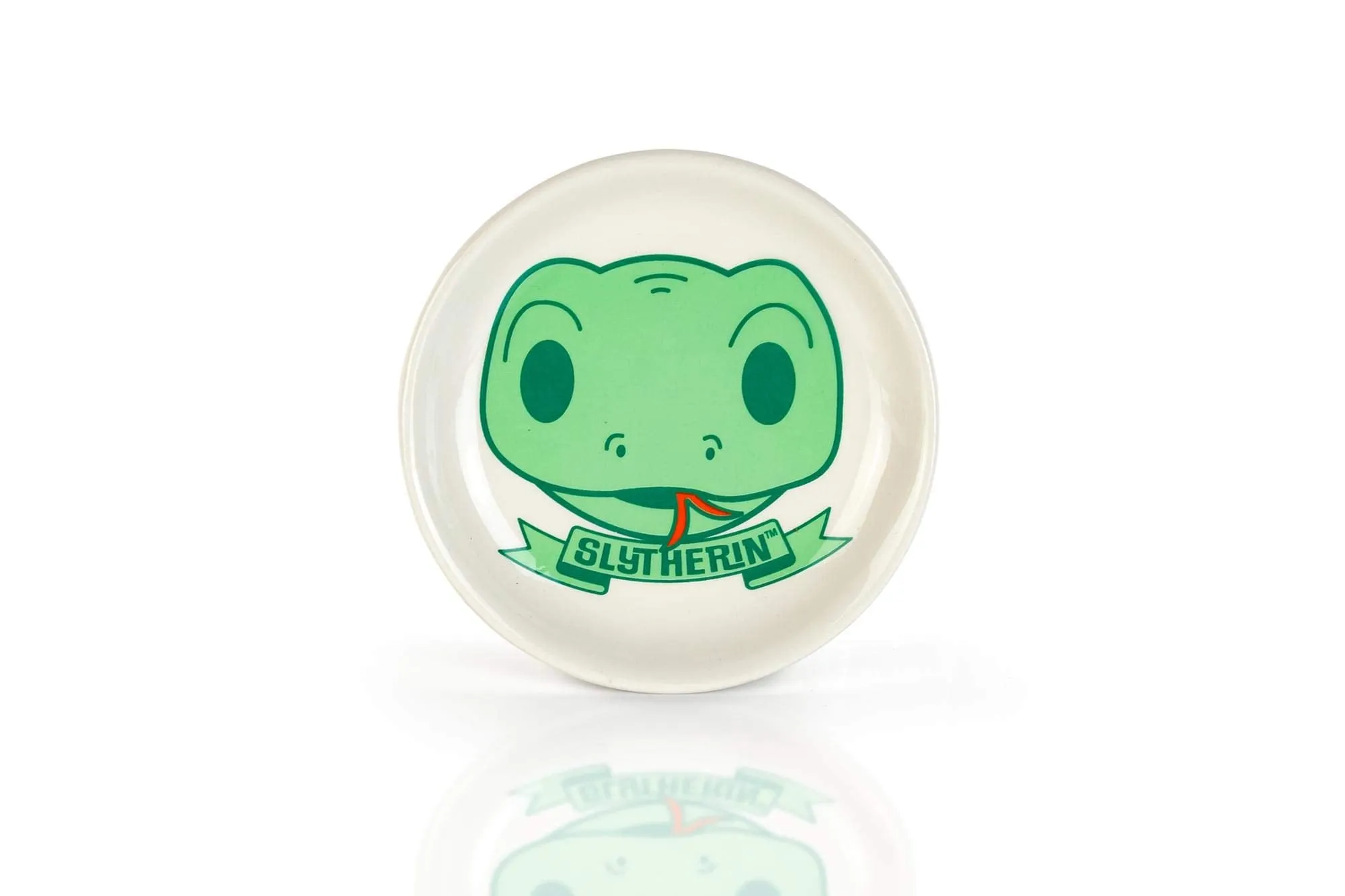 Harry Potter Hogwarts House Slytherin 4-Inch Ceramic Trinket Tray - Glazed White Pottery Jewelry Holder Plate - Features Cute Cartoon Image of Snake Mascot with Banner - Keep Your Keepsakes Safely!