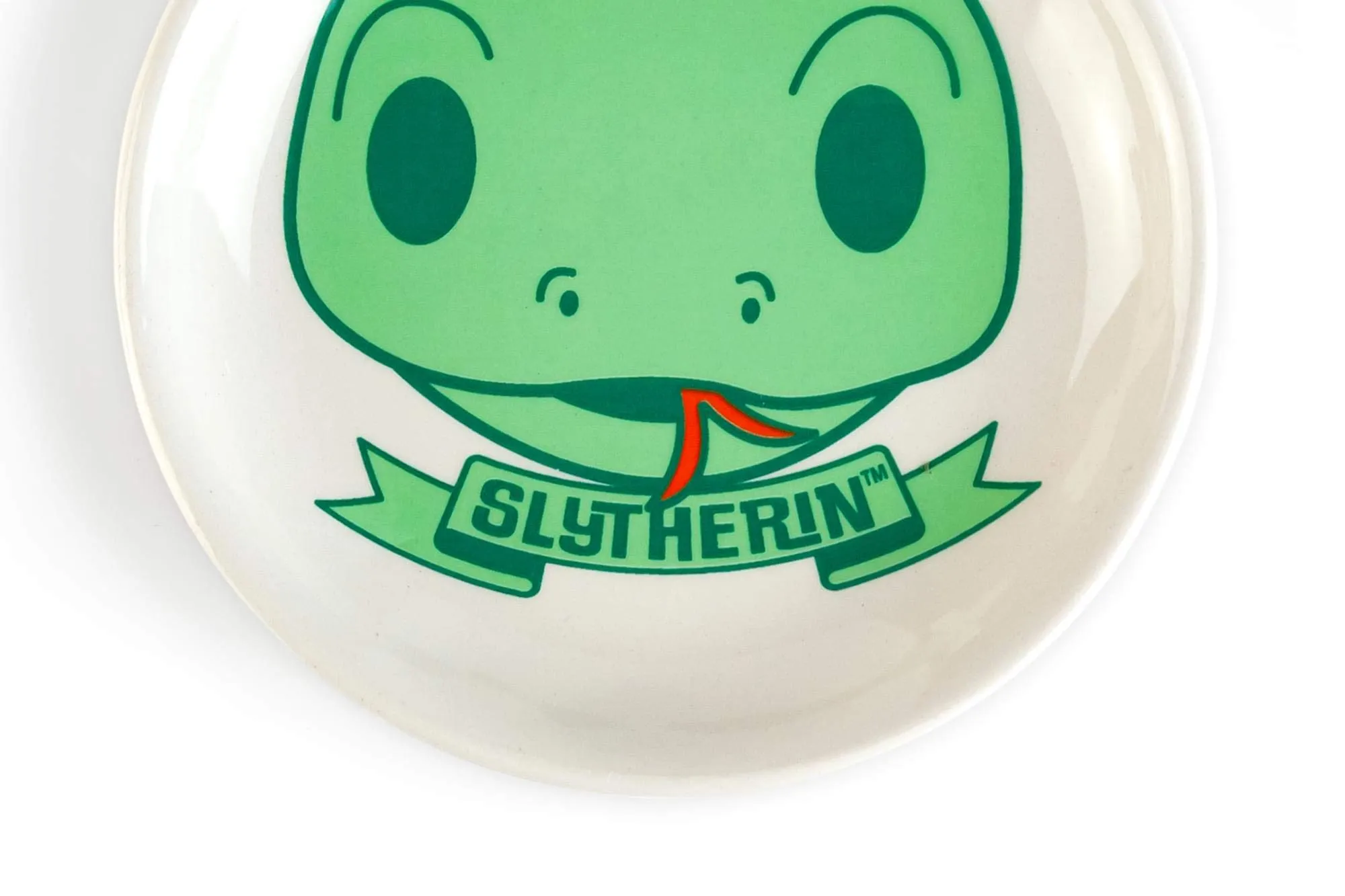 Harry Potter Hogwarts House Slytherin 4-Inch Ceramic Trinket Tray - Glazed White Pottery Jewelry Holder Plate - Features Cute Cartoon Image of Snake Mascot with Banner - Keep Your Keepsakes Safely!
