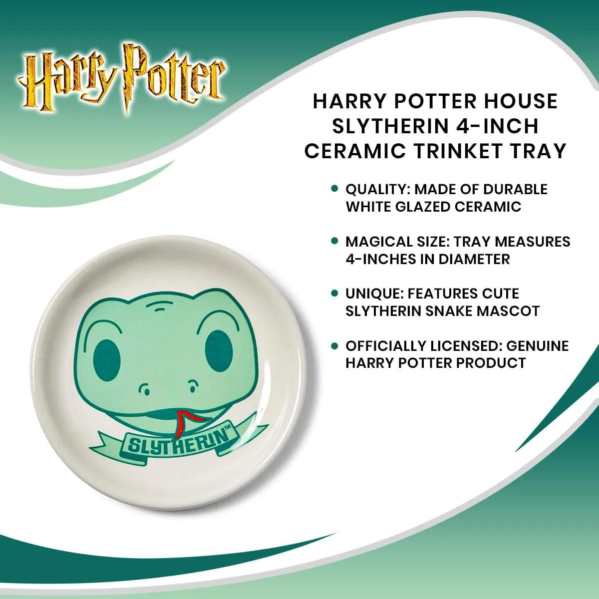 Harry Potter Hogwarts House Slytherin 4-Inch Ceramic Trinket Tray - Glazed White Pottery Jewelry Holder Plate - Features Cute Cartoon Image of Snake Mascot with Banner - Keep Your Keepsakes Safely!